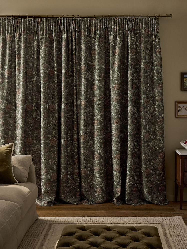 Green Heritage Floral Touch of Linen Pencil Pleat Lined Curtains - Image 2 of 5 Green Heritage Floral Touch of Linen Pencil Pleat Lined Curtains - Image 2 of 5
