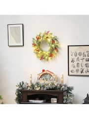 Homcom Green/White 60cm Prelit Christmas Wreath With 30 Warm White LEDs - Image 1 of 6