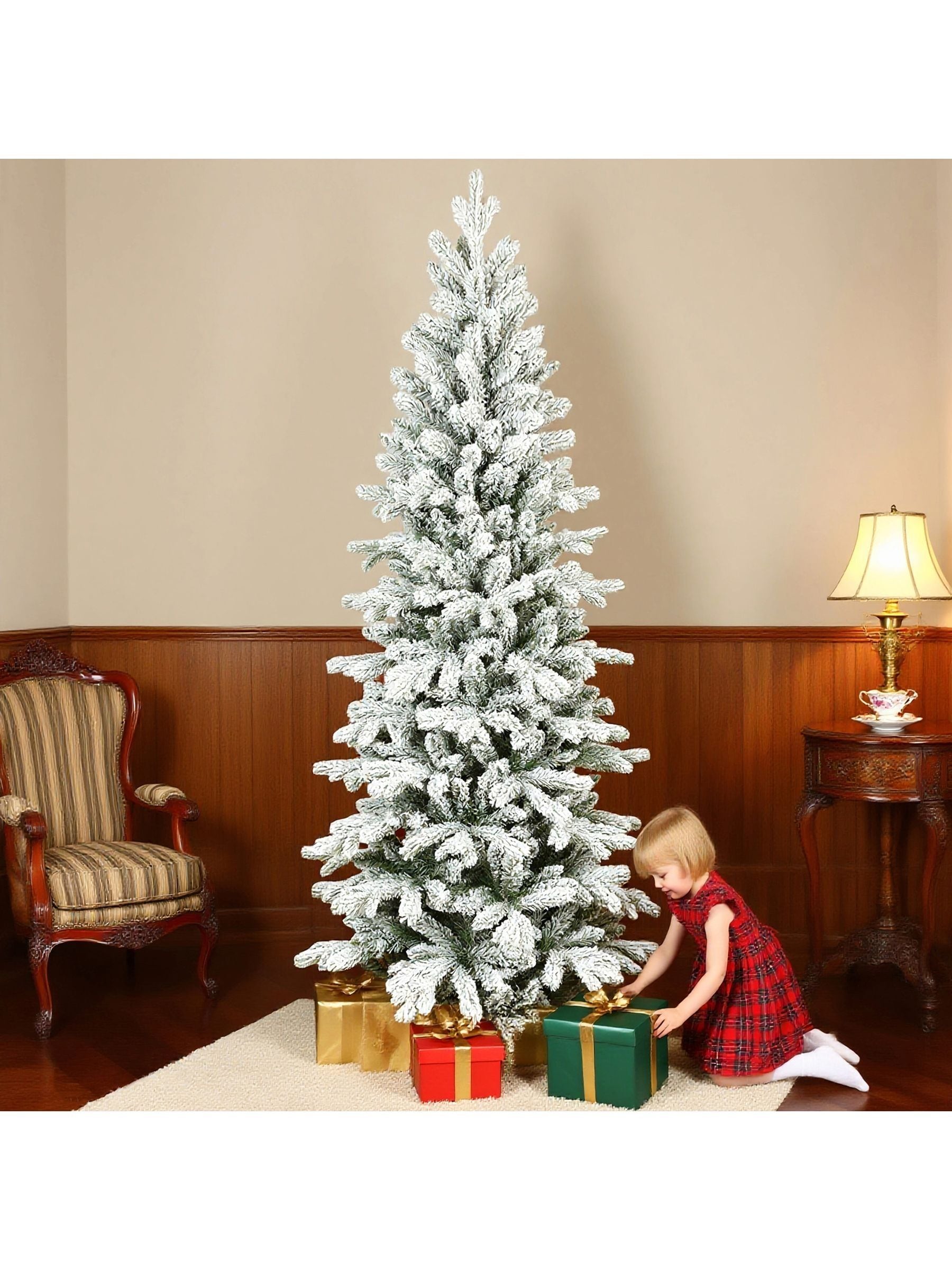 Rackhams Green/White 7Ft Pencil Christmas Tree With Snow, Realistic Tips, Easy Assembly - Christmas Tree - 1 - 84L X 84W X 210H Cm - Image 4