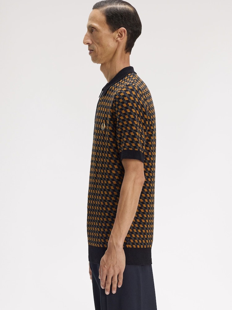 Fred Perry Black Geometric Knitted Shirt - Image 2 of 5 Fred Perry Black Geometric Knitted Shirt - Image 2 of 5