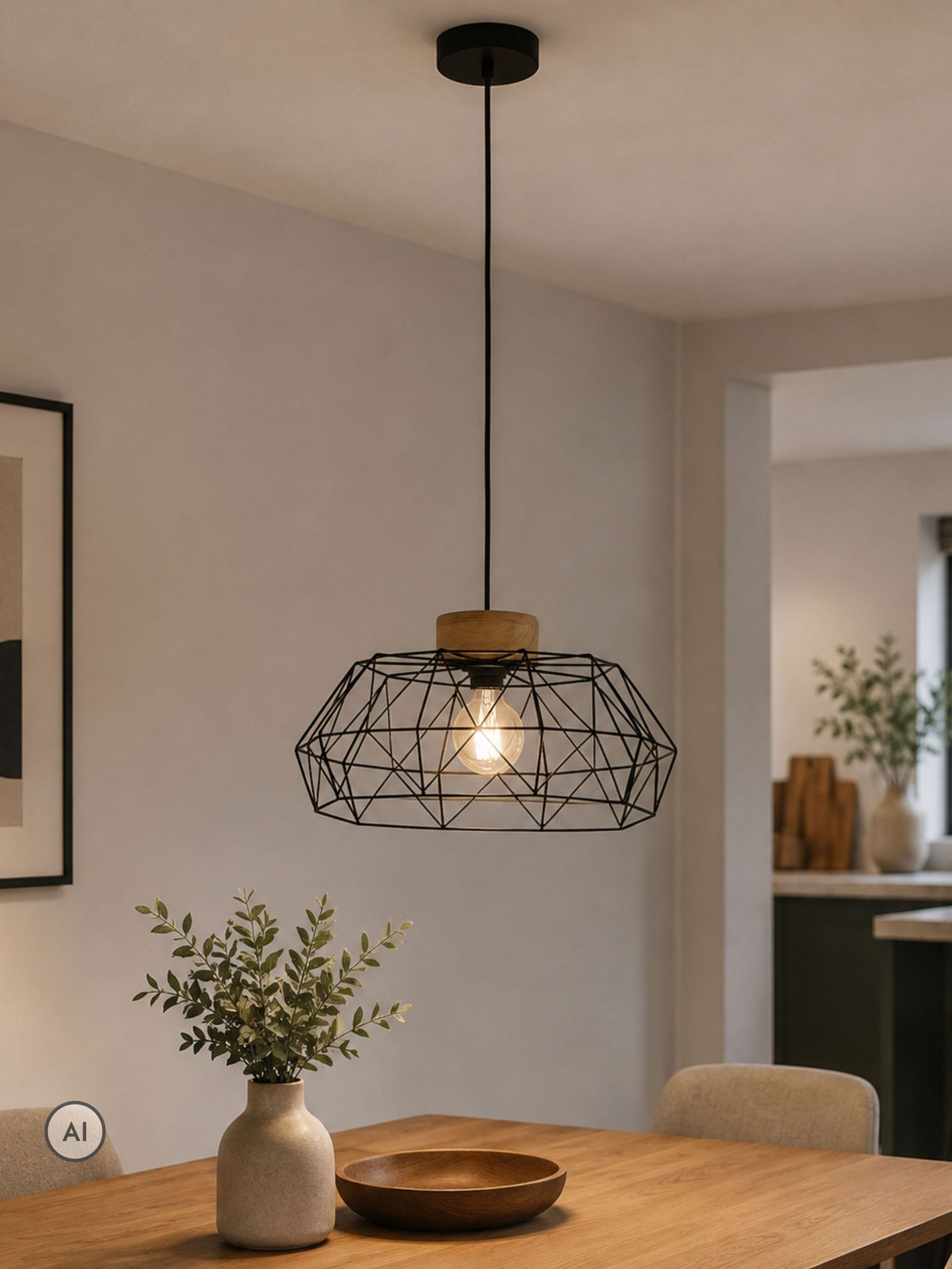 Eglo Unisex Black Padstow Geometric Wire Steel & Wood Pendant - Image 4