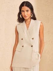 Love & Roses Neutral Tailored Linen Look Sleeveless Blazer - Image 1 of 4