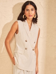 Love & Roses Neutral Tailored Linen Look Sleeveless Blazer - Image 4 of 4
