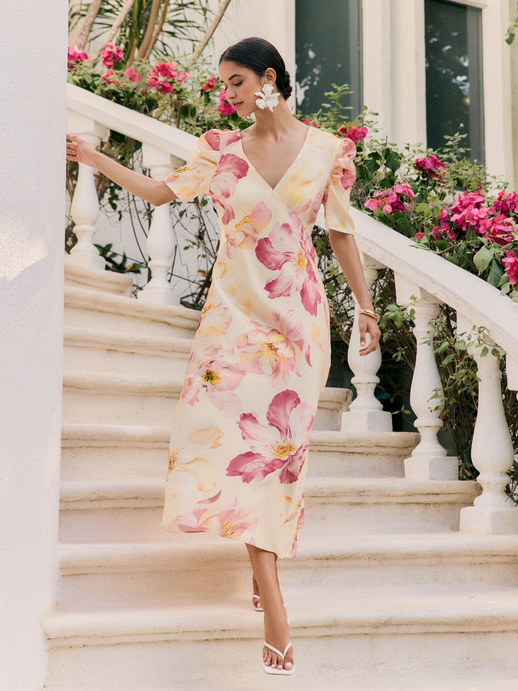 Buy Friends Like These Pink Floral Satin Ruched Short Sleeve Midi Dress  from the Next UK online shop