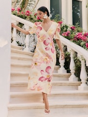 Friends Like These Pink Floral Satin Ruched Short Sleeve Midi Dress - Image 1 of 5