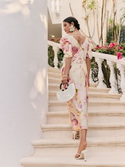 Friends Like These Pink Floral Satin Ruched Short Sleeve Midi Dress - Image 4 of 5