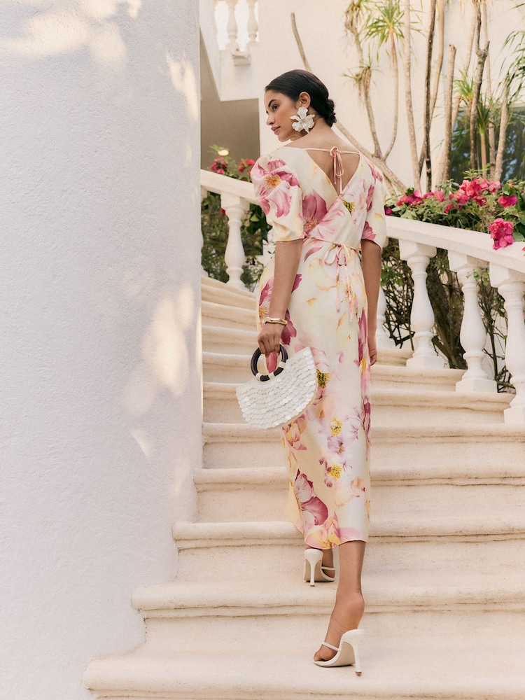 pink floral ruched dress Womens Friends Like These Pink Floral Satin Ruched Short Sleeve Midi Dress US 16