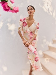 Friends Like These Pink Floral Satin Ruched Short Sleeve Midi Dress - Image 5 of 5