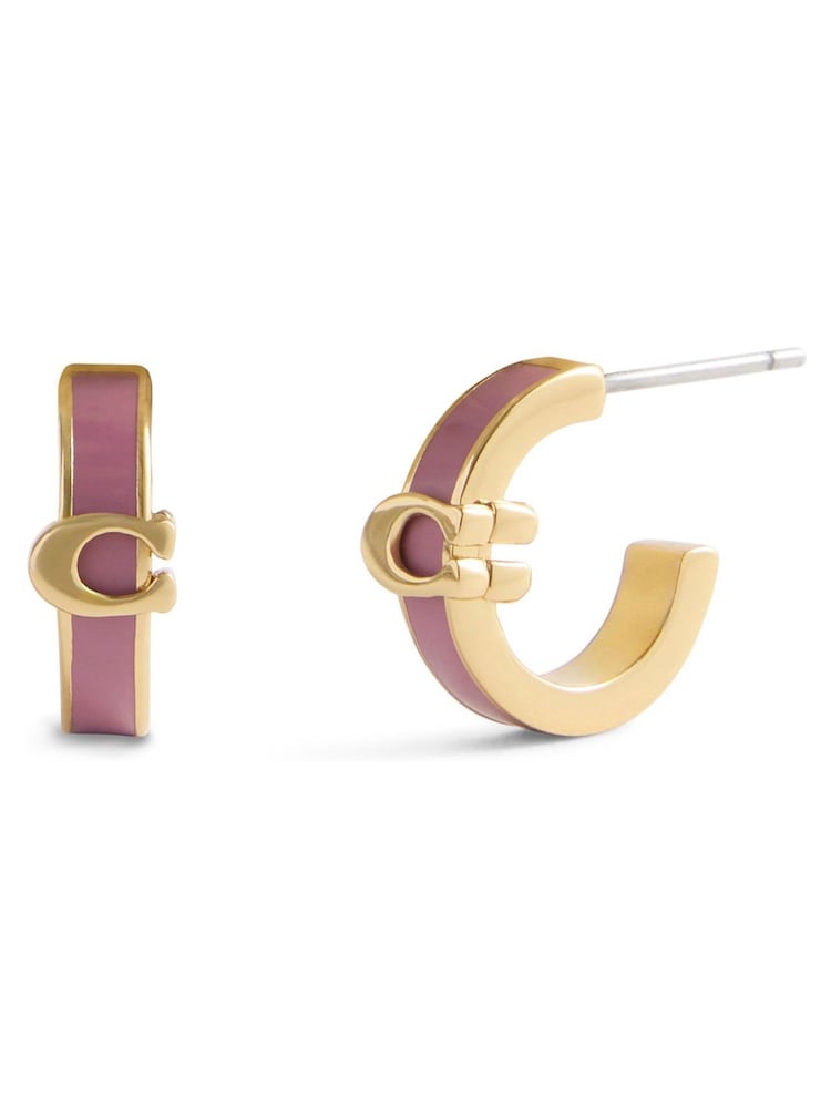 COACH Pink Signature C Enamel Huggie Earrings - Image 1 of 3 COACH Pink Signature C Enamel Huggie Earrings - Image 1 of 3