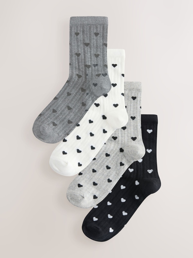Monochrome Textured Heart Pattern Ankle Socks 4 Pack - Image 1 of 7