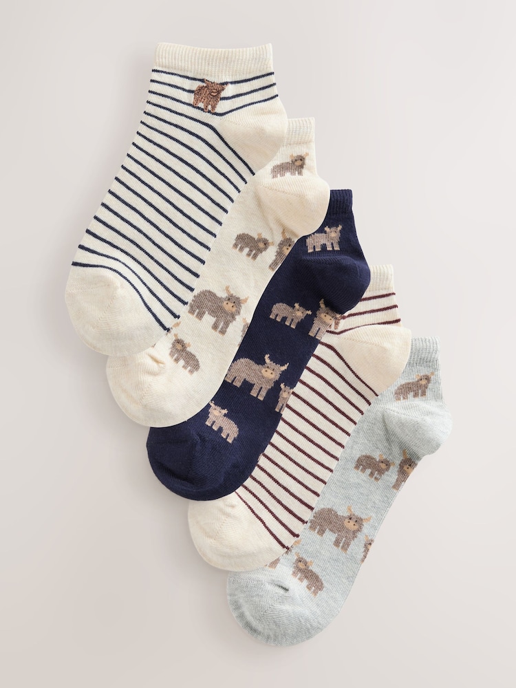 Navy/Oatmeal Hamish The Highland Cow Trainer Socks 5 Pack - Image 1 of 8