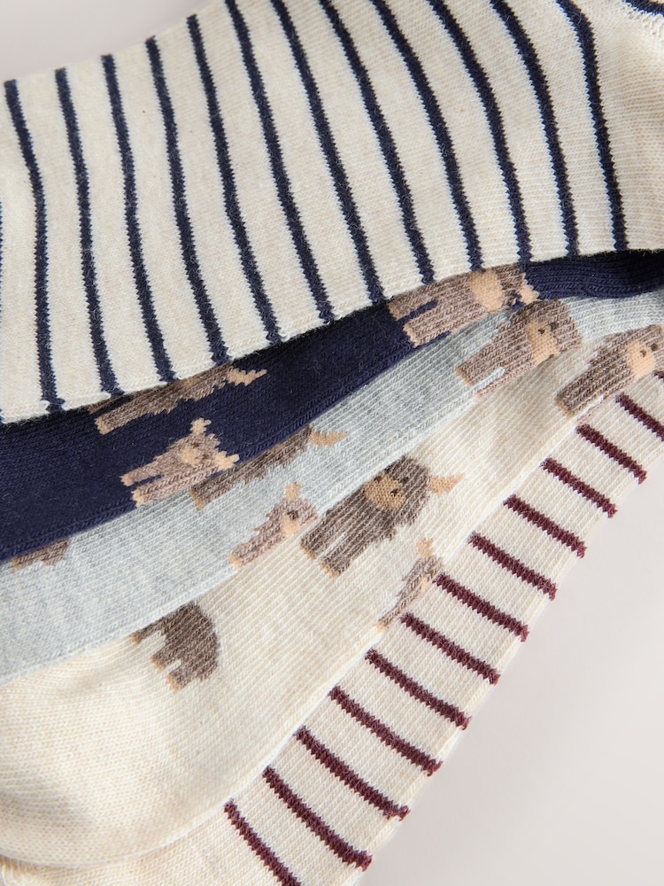 Navy/Oatmeal Hamish The Highland Cow Trainer Socks 5 Pack - Image 8 of 8