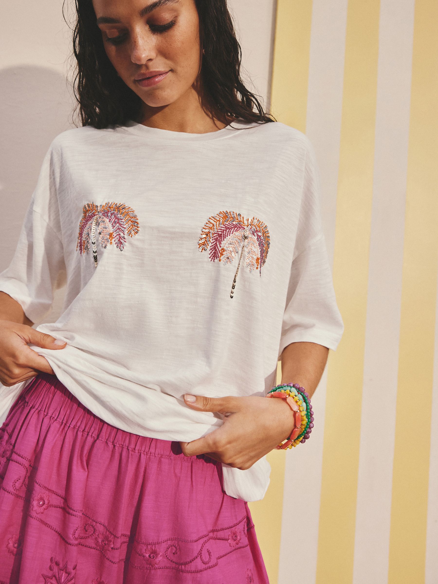 Buy White/Pink Embellished Palm Graphic Print Beach T-Shirt from