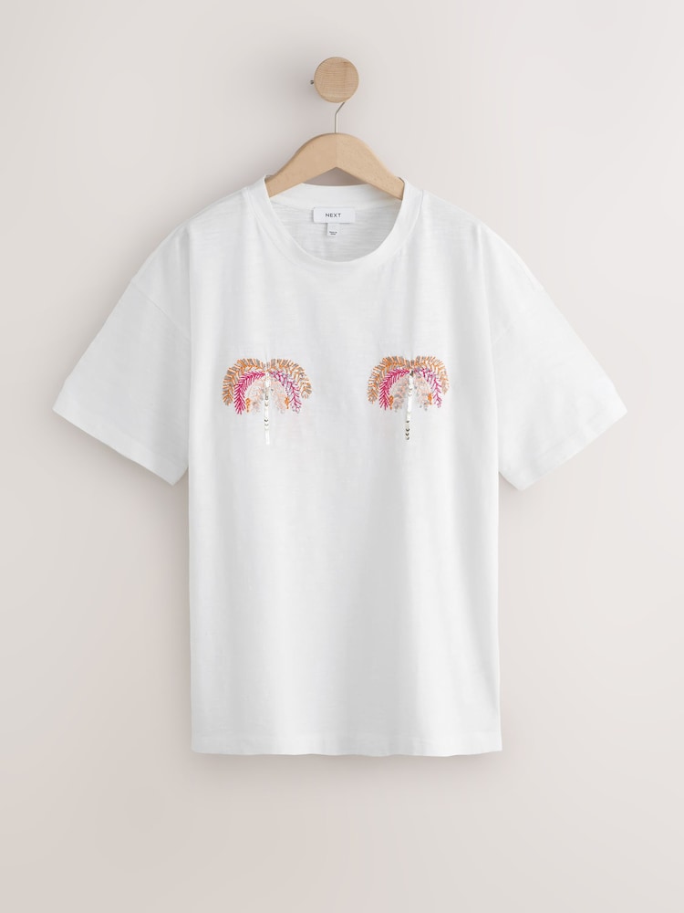 White/Pink Embellished Palm Graphic Print Beach T-Shirt - Image 1 of 3