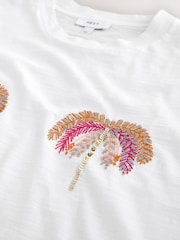 White/Pink Embellished Palm Graphic Print Beach T-Shirt - Image 2 of 3