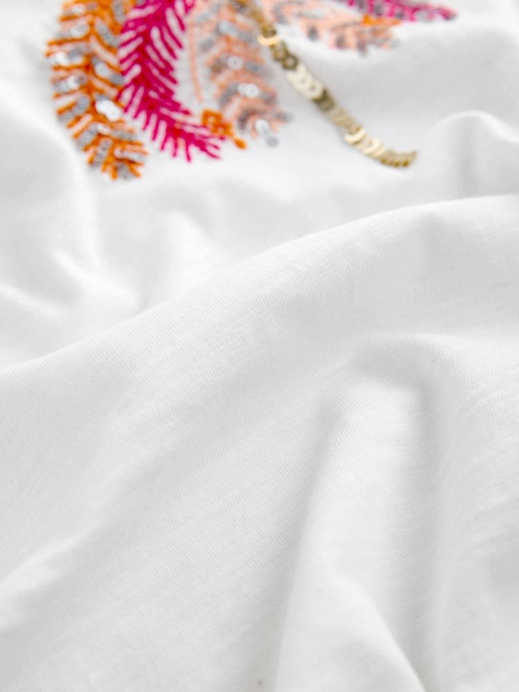 White/Pink Embellished Palm Graphic Print Beach T-Shirt - Image 3 of 3