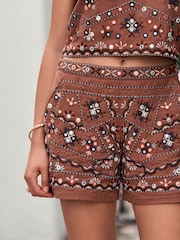 Rust Brown Embroidered Mirror Detail High Waist Short - Image 4 of 7