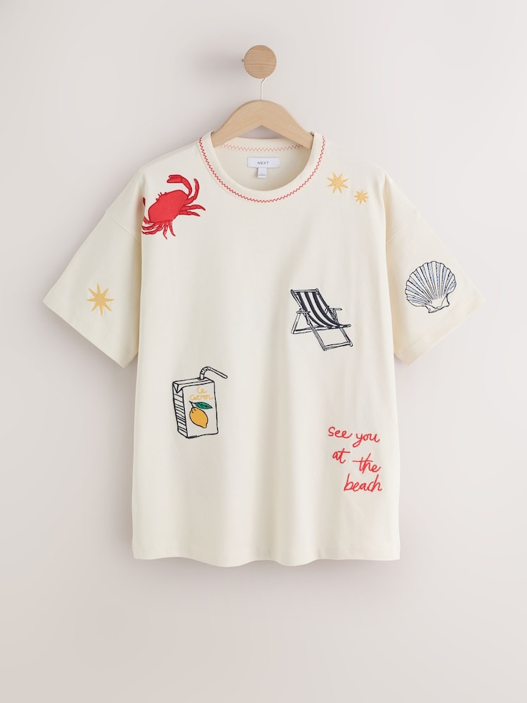 Cream Embroidered Graphic Print Beach T-Shirt - Image 1 of 6