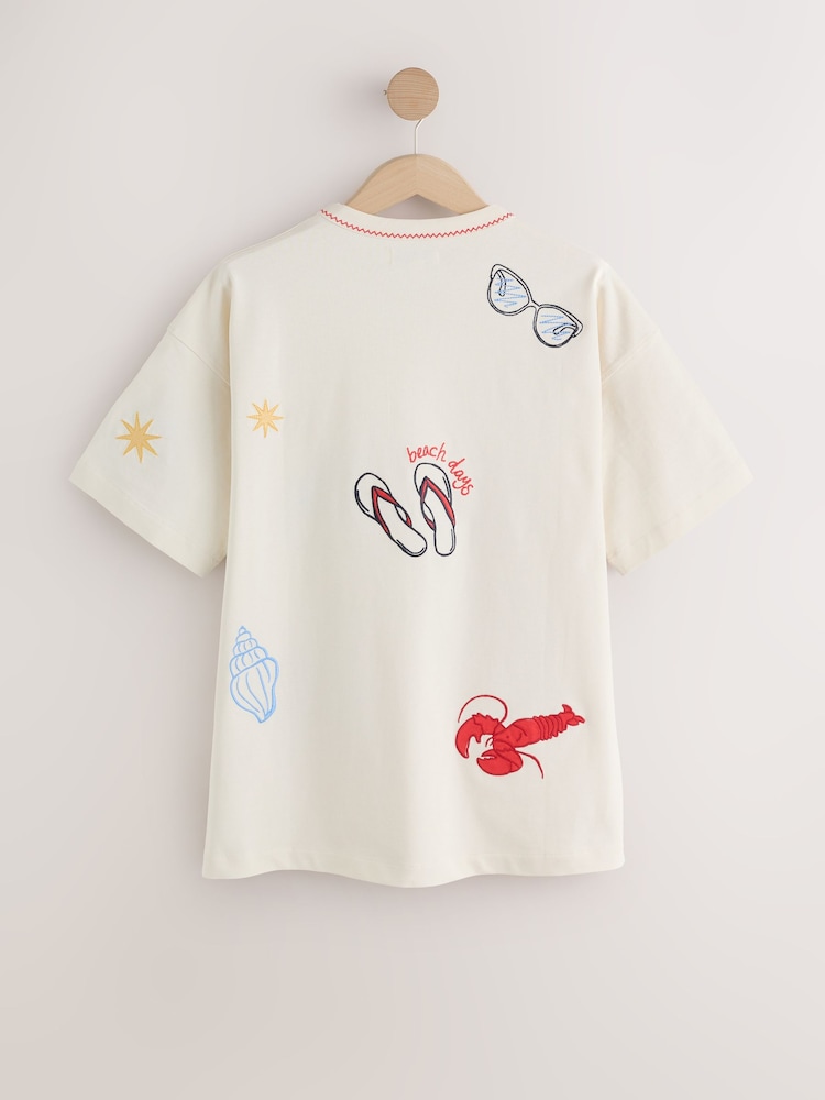 Cream Embroidered Graphic Print Beach T-Shirt - Image 2 of 6