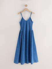 Washed Blue Denim Seersucker Jersey Midi Dress - Image 1 of 3