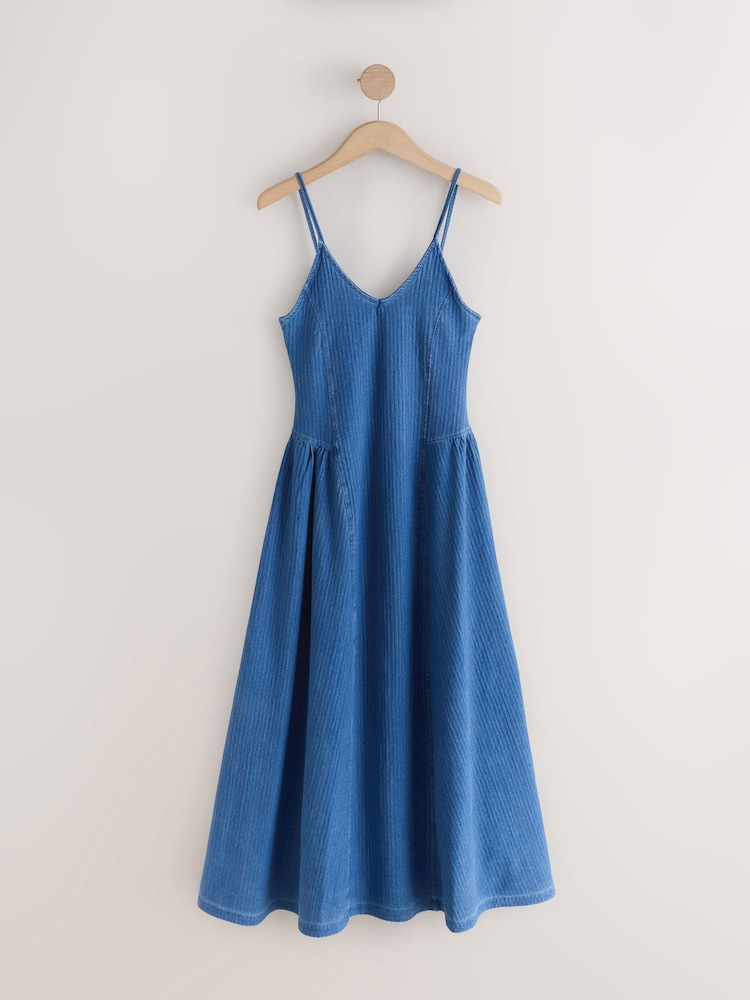Washed Blue Denim Seersucker Jersey Midi Dress - Image 1 of 3