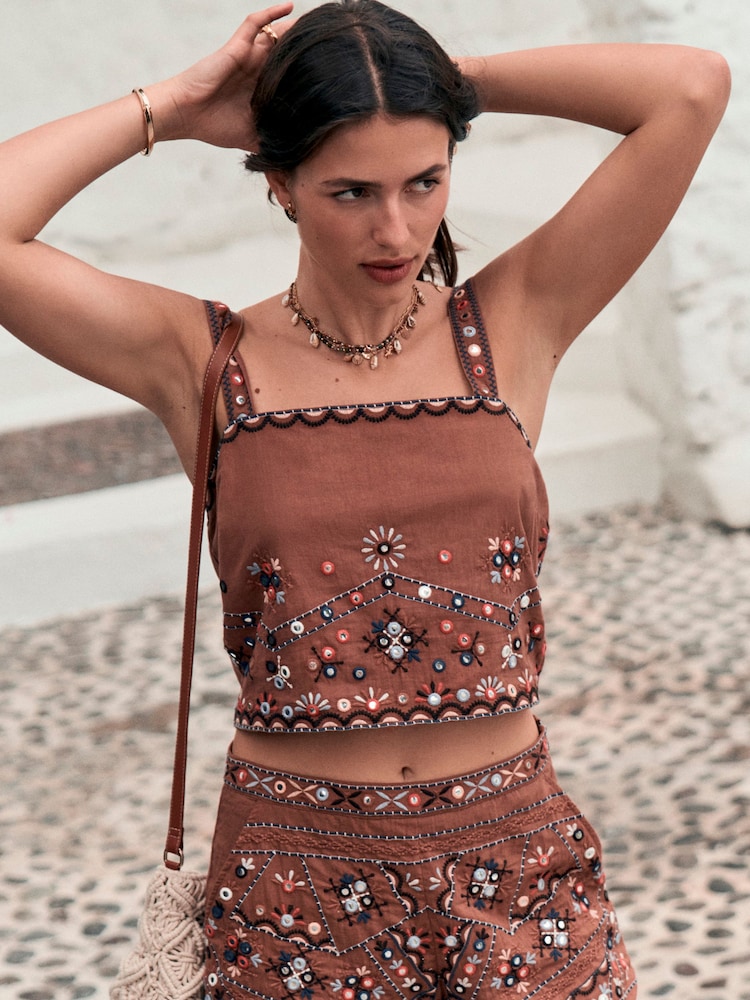 Rust Brown Embroidered Mirror Detail Shell Top - Image 2 of 7 Rust Brown Embroidered Mirror Detail Shell Top - Image 2 of 7