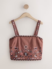 Rust Brown Embroidered Mirror Detail Shell Top - Image 5 of 7