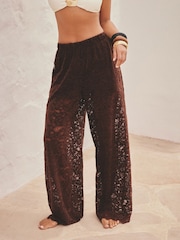 Chocolate Brown Chenille Lace Wide Leg Trousers - Image 1 of 5