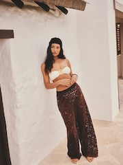 Chocolate Brown Chenille Lace Wide Leg Trousers - Image 2 of 5