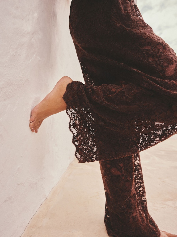 Chocolate Brown Chenille Lace Wide Leg Trousers - Image 5 of 5 Chocolate Brown Chenille Lace Wide Leg Trousers - Image 5 of 5