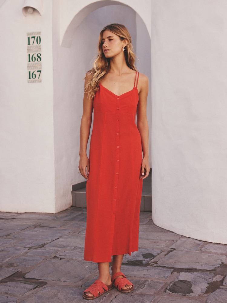 Red Button Down Midi Dress - Image 1 of 5