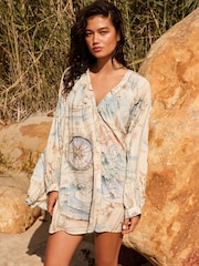 Cream/Blue Map Voluminous Beach Shirt - Image 1 of 7