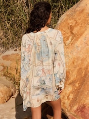 Cream/Blue Map Voluminous Beach Shirt - Image 3 of 7