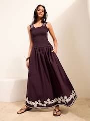 Friends Like These Chocolate Brown Embroidered Detail Stappy Midi Sun Dress - Image 1 of 4