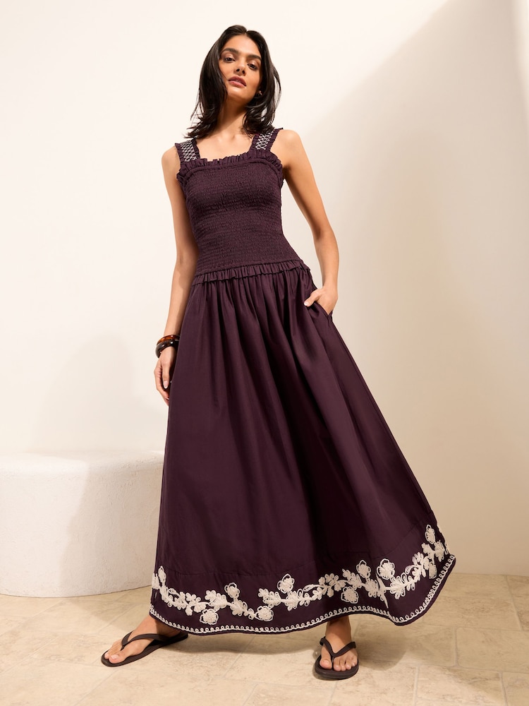 Friends Like These Chocolate Brown Embroidered Detail Stappy Midi Sun Dress - Image 1 of 4