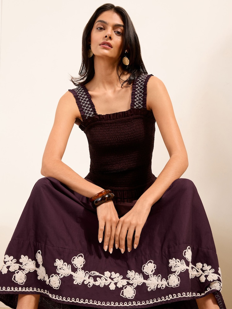 Friends Like These Chocolate Brown Embroidered Detail Stappy Midi Sun Dress - Image 2 of 4