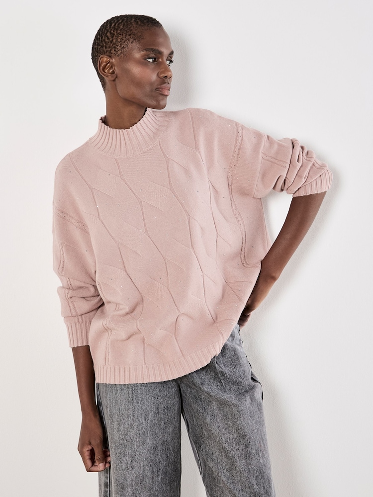 Apricot Pink Sparkle Cable Front Mock Neck Jumper - Image 1 of 4 Apricot Pink Sparkle Cable Front Mock Neck Jumper - Image 1 of 4