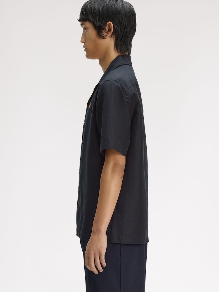 Fred Perry Black Linen Blend Revere Collar Shirt - Image 2 of 5