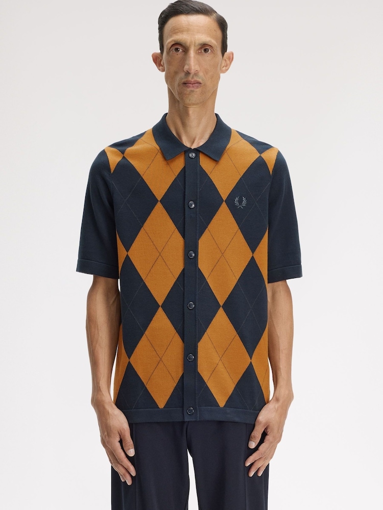 Fred Perry Blue Argyle Button Through Knitted Shirt - Image 1 of 5