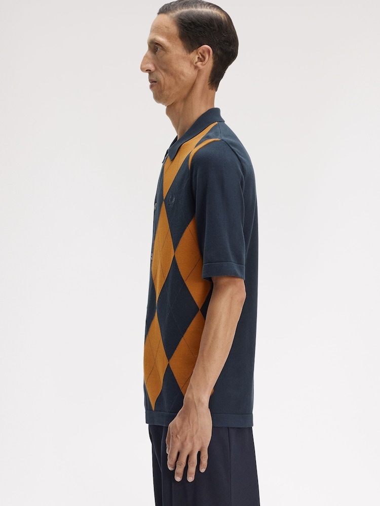 Fred Perry Blue Argyle Button Through Knitted Shirt - Image 2 of 5