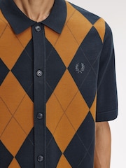 Fred Perry Blue Argyle Button Through Knitted Shirt - Image 3 of 5