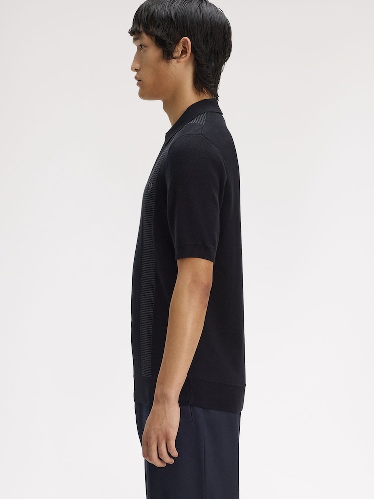 Fred Perry Black Panel Detail Knitted Polo Shirt - Image 2 of 5 Fred Perry Black Panel Detail Knitted Polo Shirt - Image 2 of 5