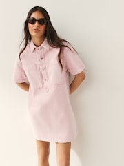 Light Pink Short Sleeve Utility Denim Mini Dress - Image 1 of 6