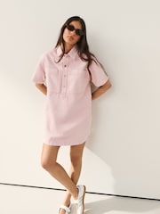 Light Pink Short Sleeve Utility Denim Mini Dress - Image 2 of 6
