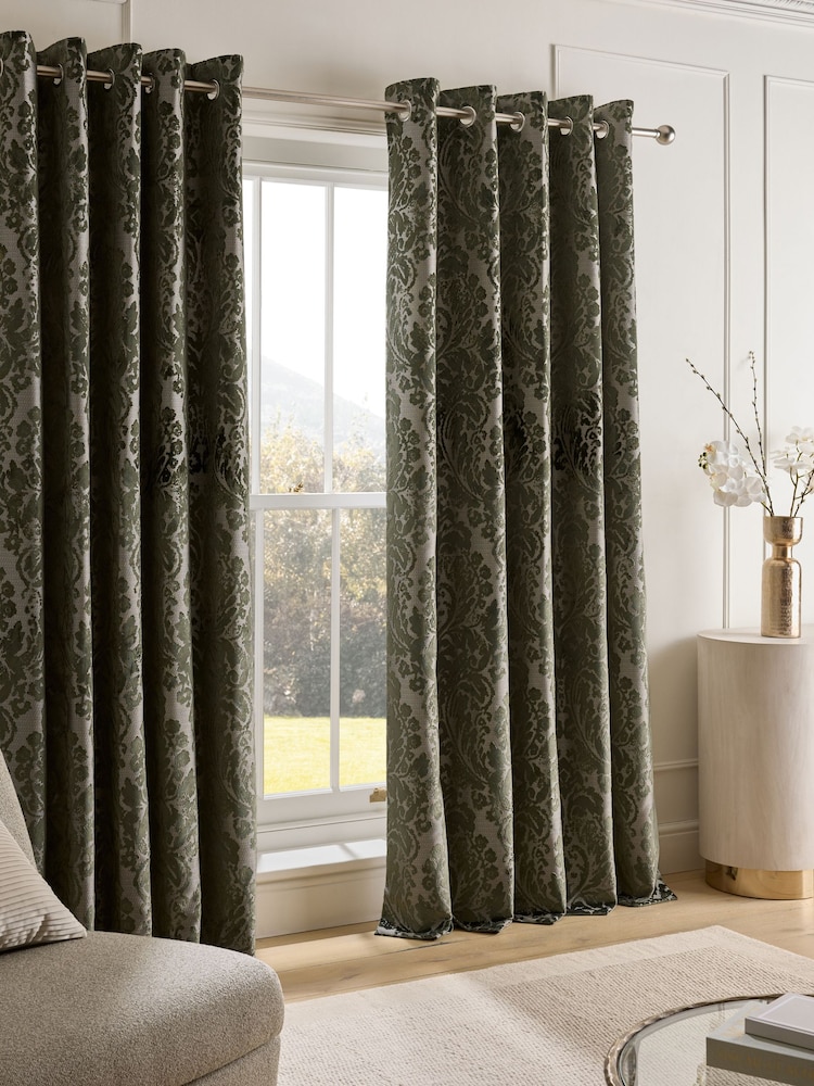 Green Collection Luxe Heavyweight Velvet Damask Eyelet Lined Curtains - Image 2 of 5 Green Collection Luxe Heavyweight Velvet Damask Eyelet Lined Curtains - Image 2 of 5