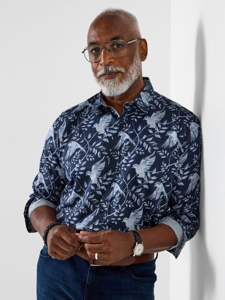 Joe Browns Grey Classic Collar Long Sleeve Bird Print Shirt - Image 1 of 5 Joe Browns Grey Classic Collar Long Sleeve Bird Print Shirt - Image 1 of 5