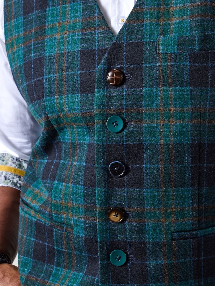 Joe Browns Green Contrast Buttons Check Trim Tailored Waistcoat - Image 2 of 8 Joe Browns Green Contrast Buttons Check Trim Tailored Waistcoat - Image 2 of 8