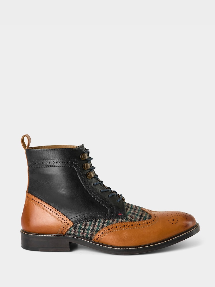 Joe Browns Brown Classic Lace Up Tweed Panelled Leather Boots - Image 1 of 4 Joe Browns Brown Classic Lace Up Tweed Panelled Leather Boots - Image 1 of 4