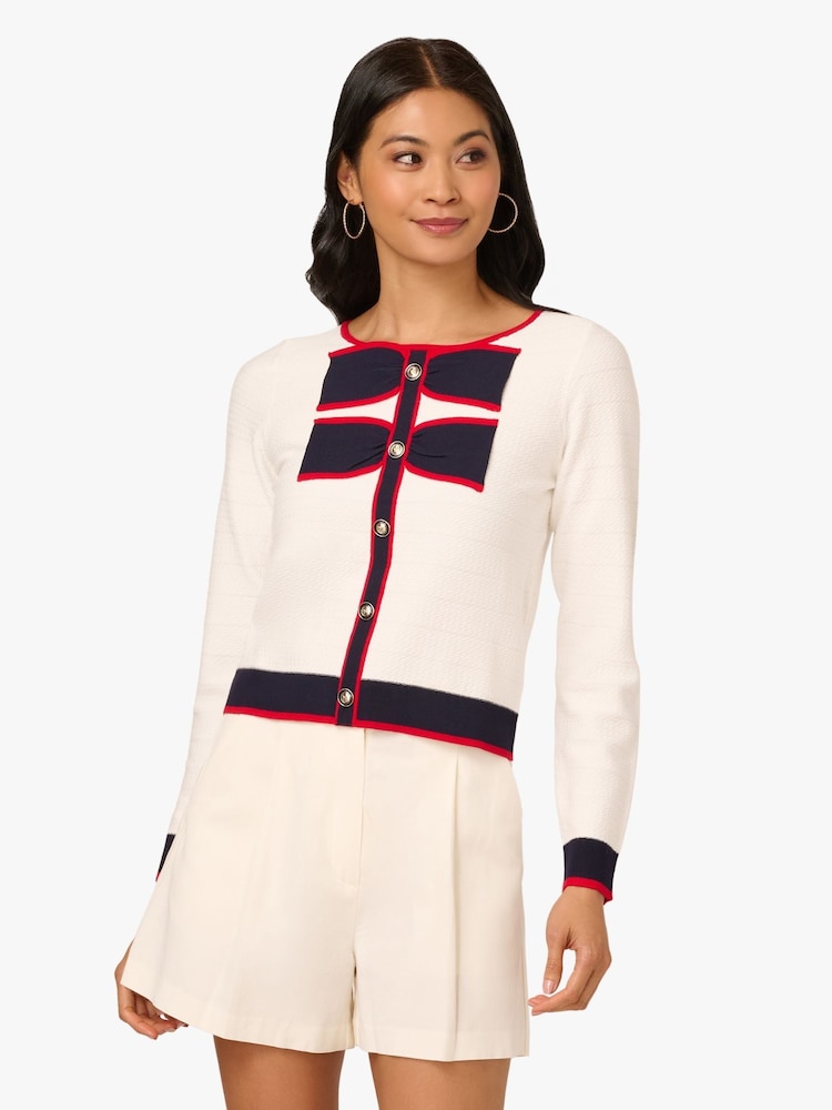 Adrianna Papell White Textured Contrast Double Bow Crop Pullover Sweater - Image 1 of 7 Adrianna Papell White Textured Contrast Double Bow Crop Pullover Sweater - Image 1 of 7
