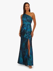 Adrianna Papell Blue One Shoulder Jacquard Gown - Image 1 of 6